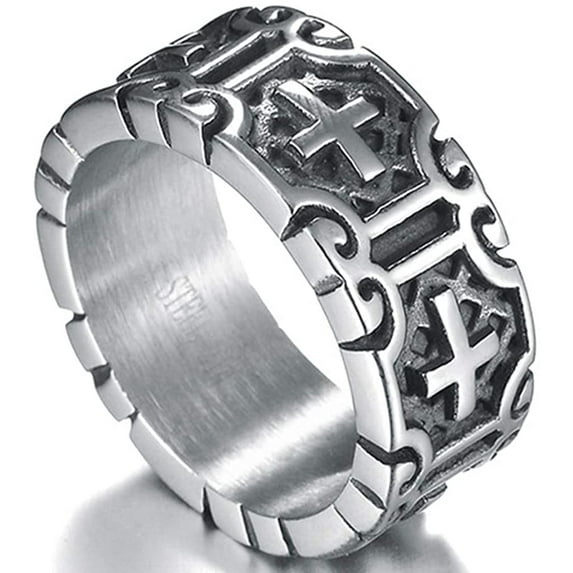 YAZI 9mm Retro Vintage Stainless Steel Cross Band Style Biker Ring