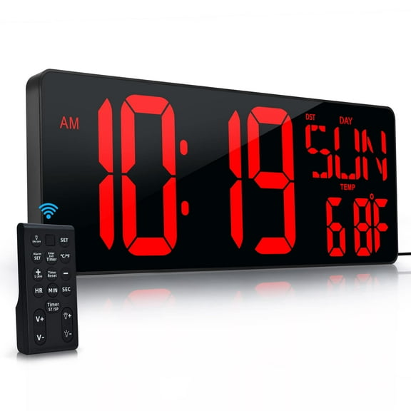Large LED Digital Wall Clock with Remote, 17.2 Inch Display, Time Date Temperature Week, Auto DST, Adjustable Brightness, Wall Clock for Living Room Office Garage, Black