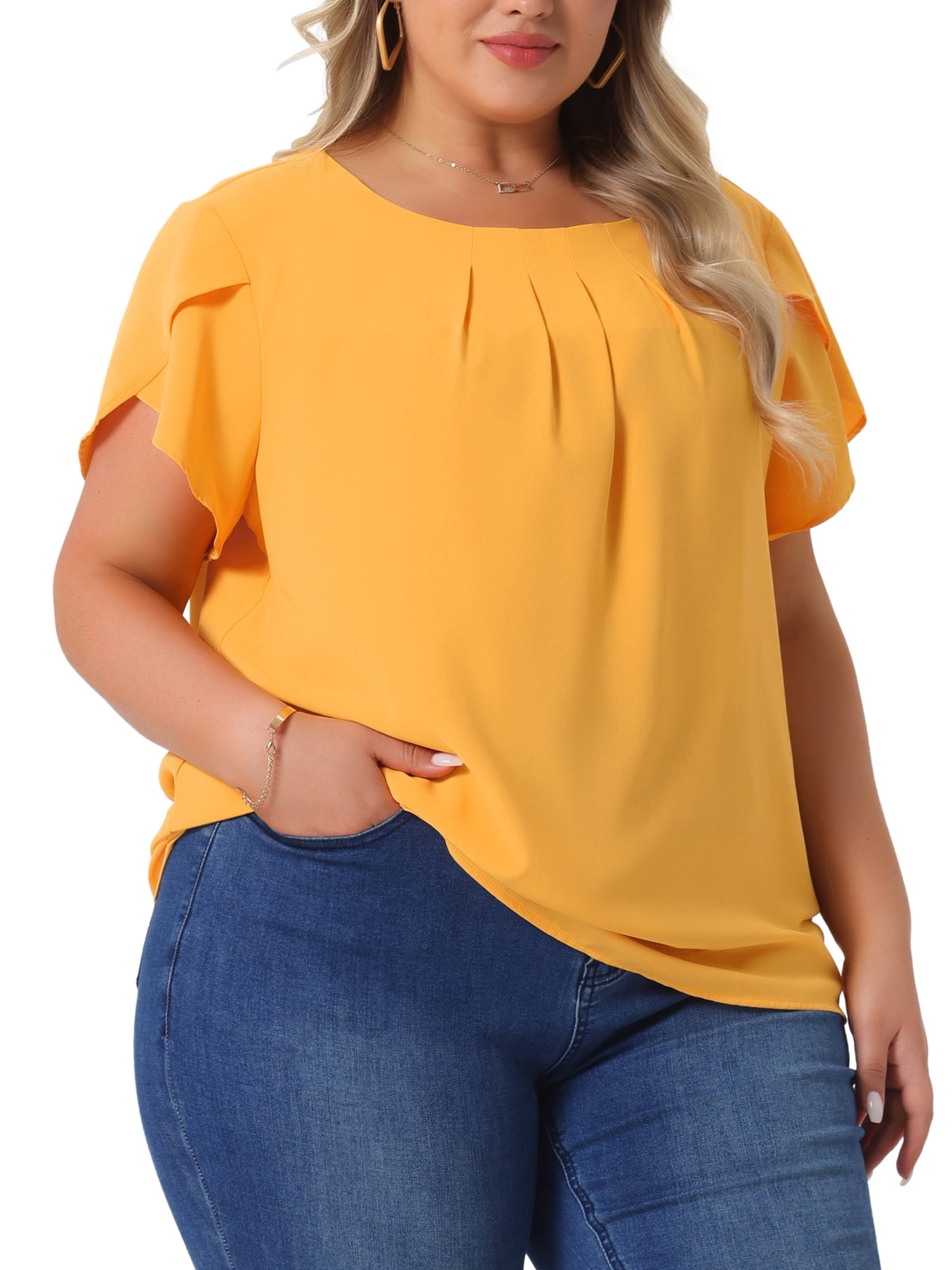 DARING DIVA Women's Plus Size Round Neck Pleated Tulip Sleeve Shirt Blouse 2X Yellow