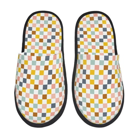Balery Colorful Checkered 1 Slient Indoor Furry Fleece Comfort House Shoes Soft Non-Slip Home Shoes Cotton slippers House Slippers-- Medium