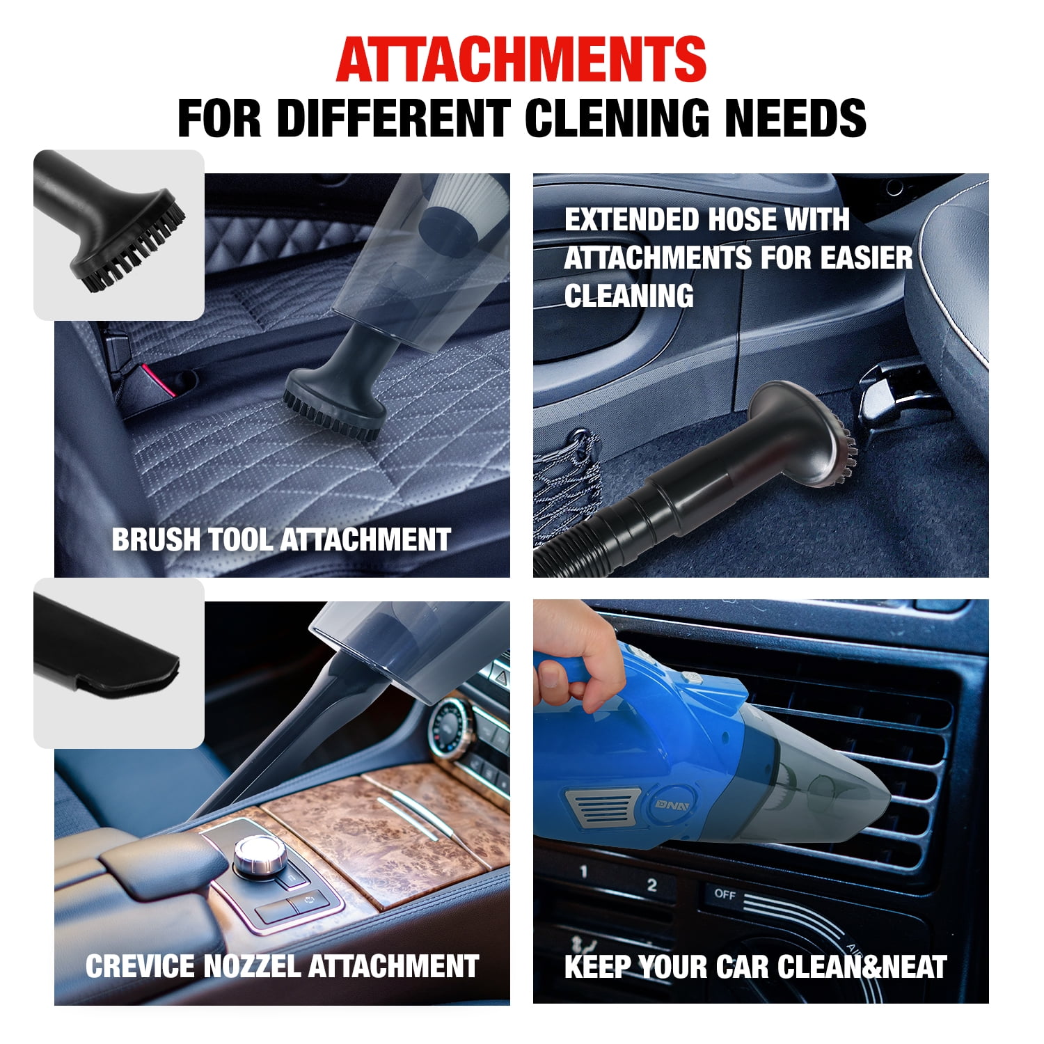 DNA Motoring For Blue LED Light Mini Handheld Air Compressor Pump Corded Car Vacuum Cleaner Cleaning Kit
