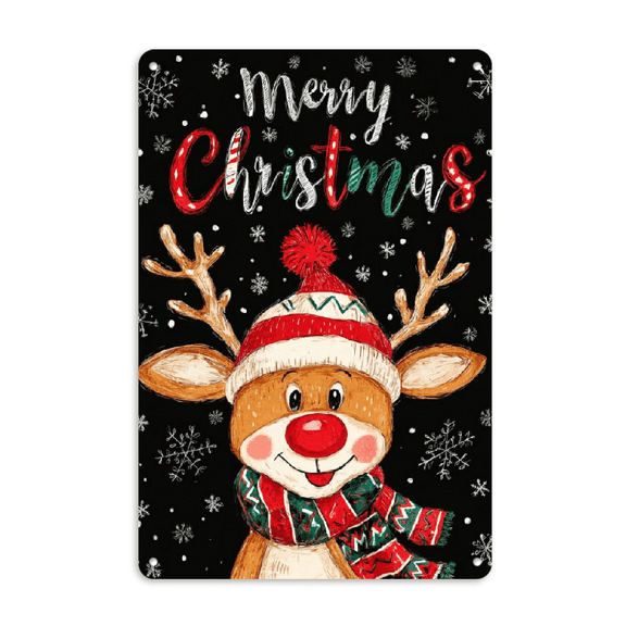 Christmas Reindeer Metal Tin Sign - Merry Christmas Sign for Outdoor Indoor Decoration - 8*12Inch, 2D Flat