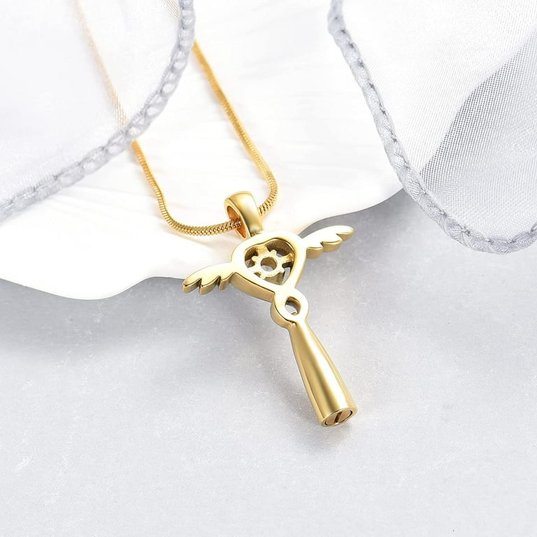 LuxglitterLin In Loving Memory Cremation Urn Necklace - Angel Wing Cross Pendant For Ashes Keepsake