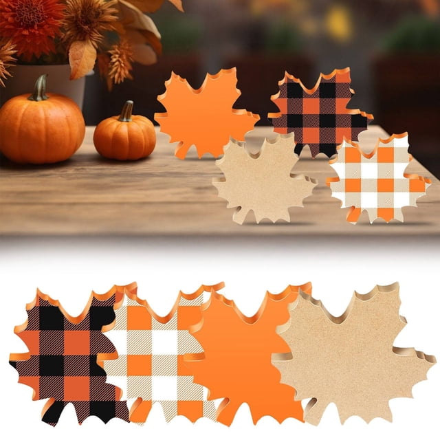 HANDIED Desktop dress up 4 Pieces Fall Tray Decor Fall Maple Table Wooden Sign Thanksgiving Maple Leaves Table Decoration For Staining Home Desk