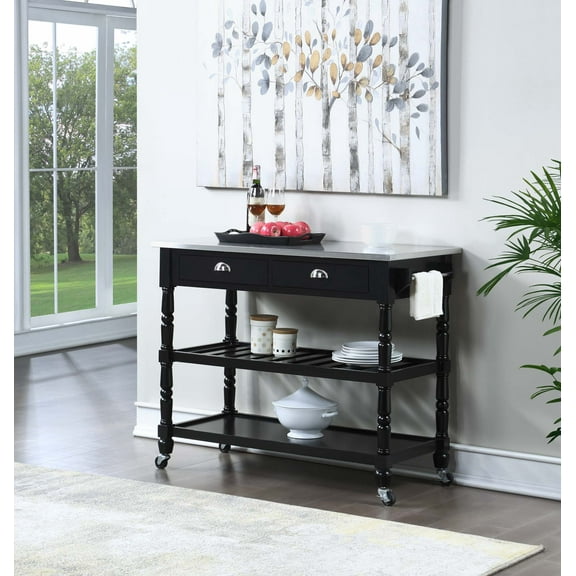 Convenience Concepts French Country 3 Tier Butcher Block Kitchen Cart with Drawers, Stainless Steel/Wirebrush Dark