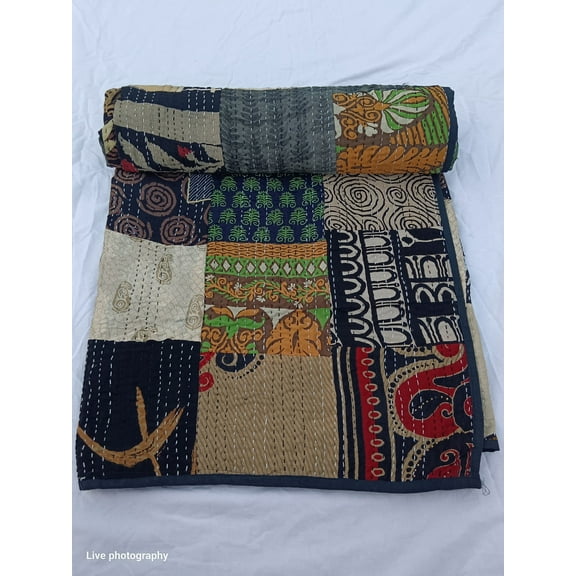 Floral Patchwork Handmade Kantha Quilt Unique Design Handmade Kantha Quilted Bedding Bedspread Handblock Print Throw Blanket Well-Looking