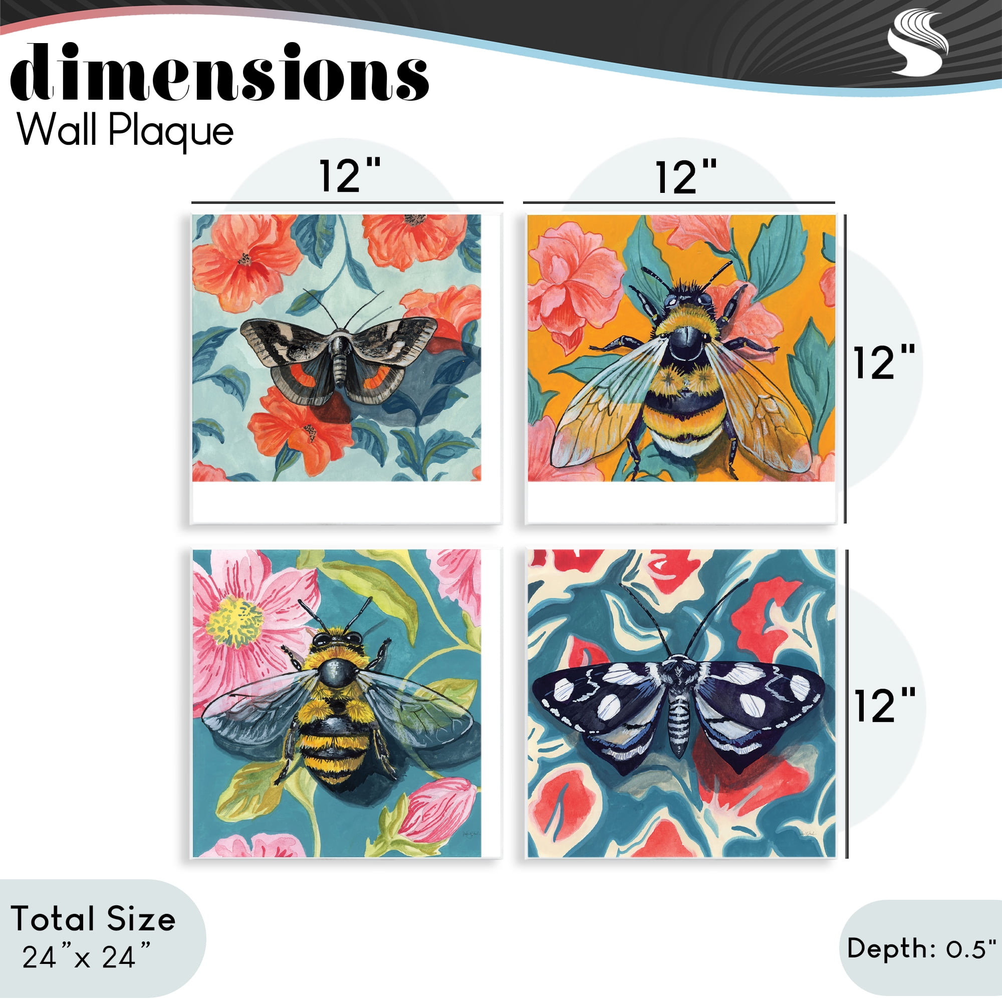 Stupell Industries Insects on Flower Patterns 4 Piece Wall Plaque Art Set, design by Kate Jarvik Birch