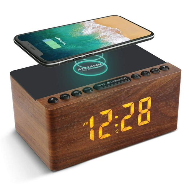 ANJANK Reloj despertador digital LED con radio FM, estación de carga inalámbrica rápida para iPhone/Samsung Galaxy, atenuador de 5 niveles, puerto de carga USB, 2 sonidos, temporizador de apagado para