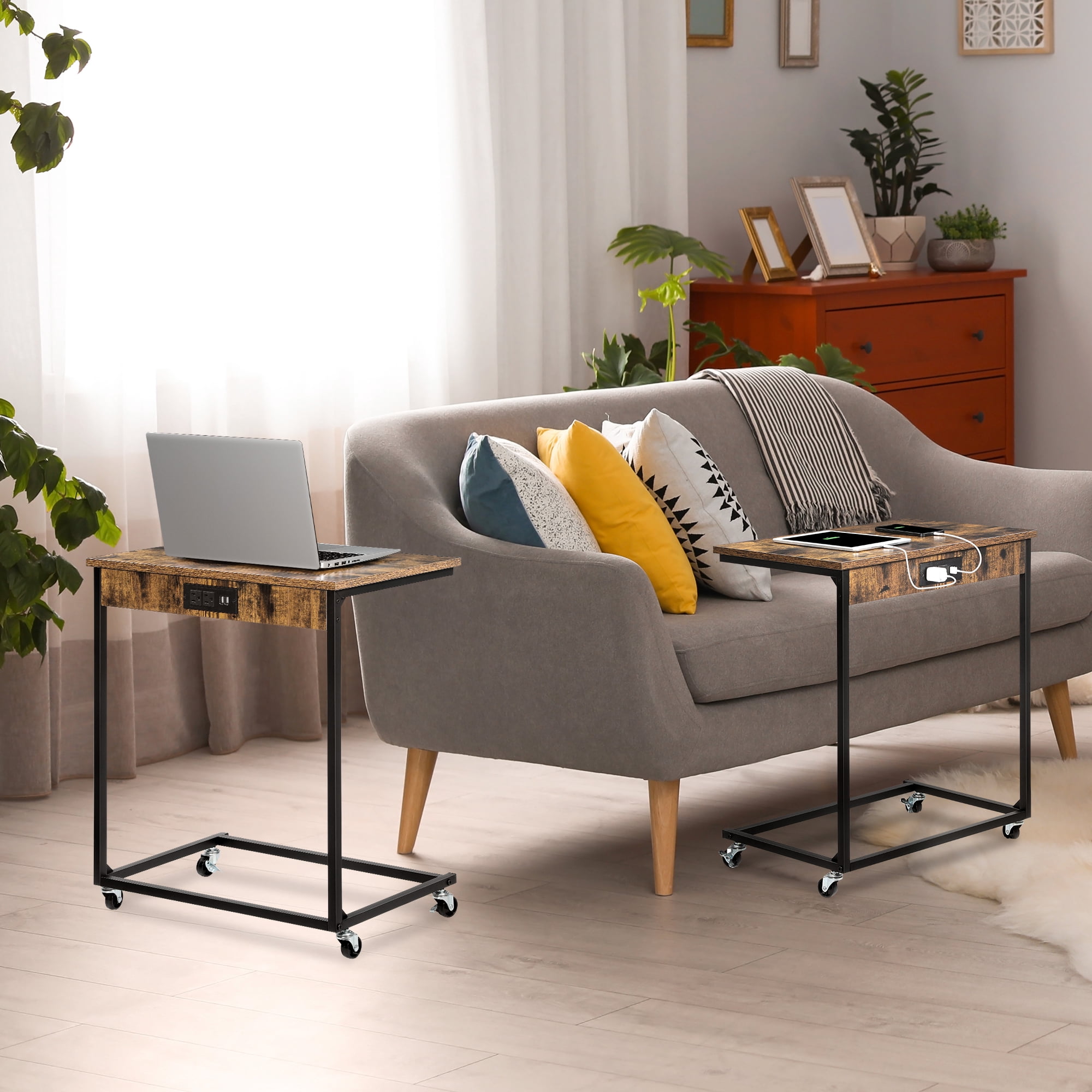 Rolling C‑Shaped Side Table with Charging Station, Mobile Sofa End Table with Lockable Wheels, 2 Pack