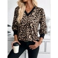 thumbnail image 4 of Women Long Sleeve Leopard Print Tops with Button Cuffs Dressy Casual V Neck Summer Outfits Early Fall Clothes Khaki S, 4 of 7