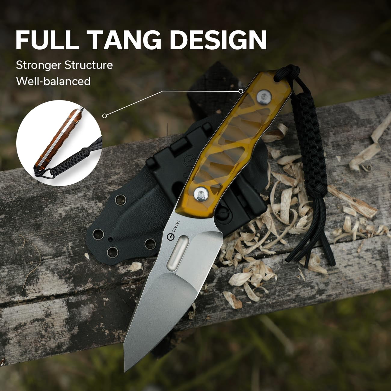 CIVIVI Fixed Blade Knife with Kydex Sheath, T-clip, Lanyard for Outdoor Carry, Propugnator Knife PG KNIVES Designed, 4.15" D2 Blade Ultem Handle C23002-3