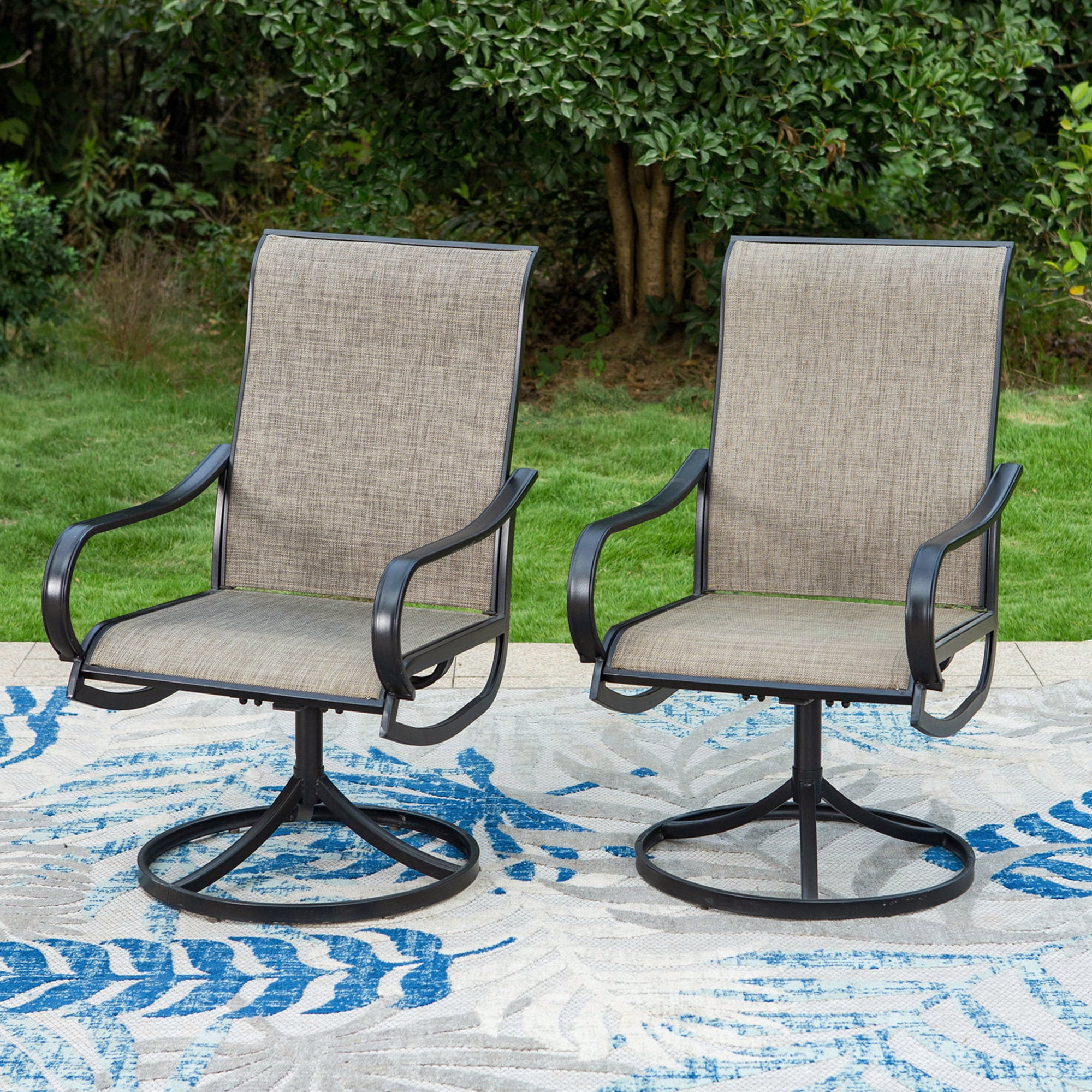 MF Studio 7-Piece Metal Outdoor Patio Dining Set, 6 Textilene Swivel Patio Chairs & 1 Wood-look Top Table, Brown-Gray & Teak Color