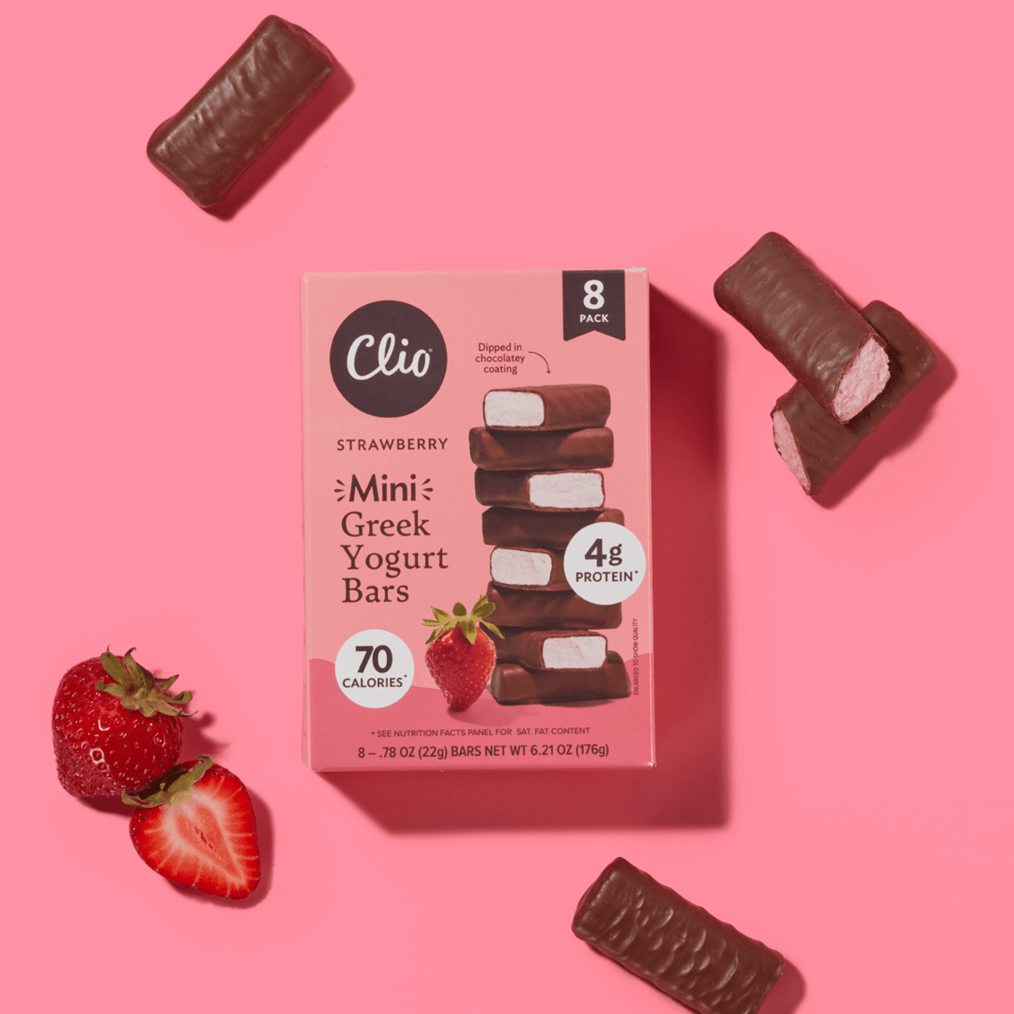 Clio Strawberry Greek Yogurt Mini Bar in Chocolatey Coating, 0.78 oz, 8 Ct
