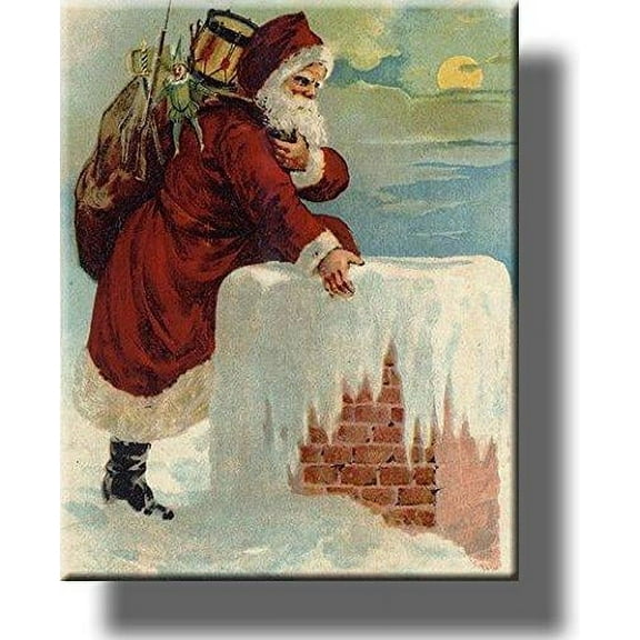 Santa Claus Coming Down the Chimney, Christmas Greeting Picture on Stretched Canvas, Wall Art Decor, Ready to Hang!