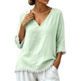 thumbnail image 2 of Ayolanni Solid Shirts for Women Cotton V-Neck 3/4 Sleeve Blouse Fringe Casual Oversized Shirts Tops for Women 2026 Green M, 2 of 8