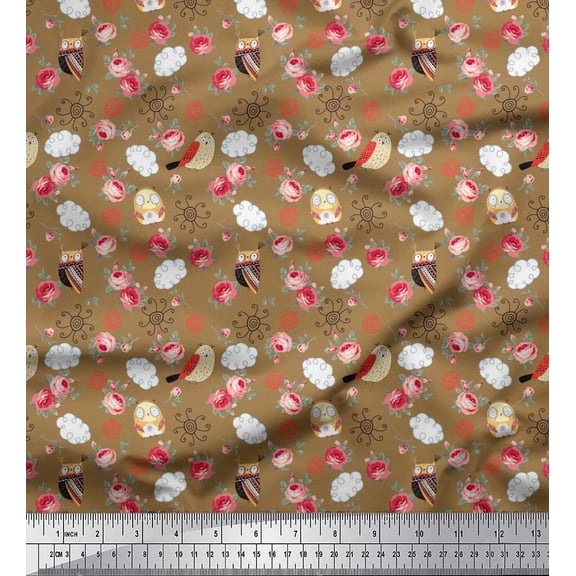 Soimoi Cotton Poplin Fabric Spiral,Owl & Rose Floral Print Fabric by The Yard 56 Inch Wide