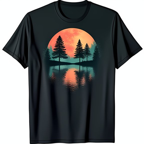 Dreamy Nature Scene Black T-Shirt with Silhouetted Pine Trees & Vibrant Moon Reflection