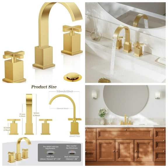 Brushed Gold Bathroom Sink Faucet, Widespread 3 Hole 8 Inch Waterfall Modern Bathroom Faucet with Metal Pop Up Drain and Water Supply Lines