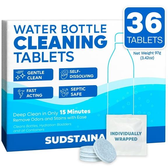 Sudstainables Water Bottle Cleaning Tablets, Hydration Bladder Stain and Odor Remover, 36 Pack