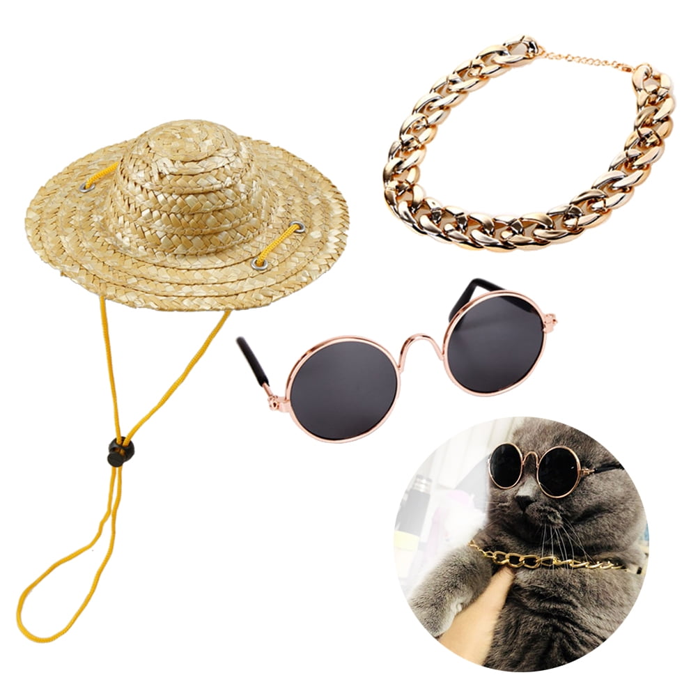 BESTYASH 3Pcs Pet Dog Decorations with Retro Straw Hat Sunglasses and Gold for Parties