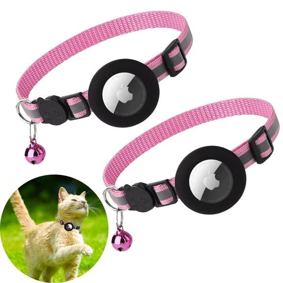 2 Pack Airtag Pet Collar Breakaway with Bell, Reflective Collar with Waterproof Airtag Holder Tracker Pet Collars for Kittens And Puppies (Pink)