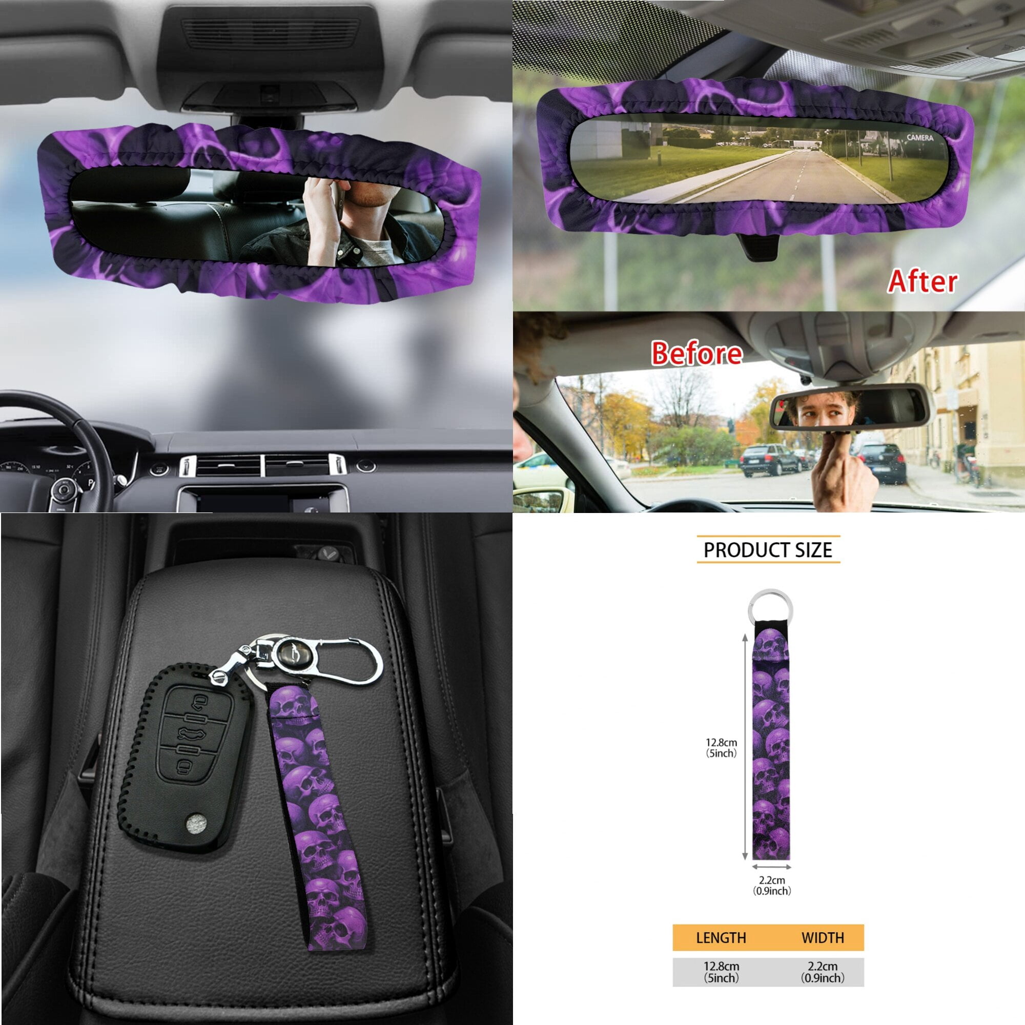 LedBack Skull Print Car Seat Covers Full Set 15Pcs Car Accessories Set Includes Front and Rear Split Bench Seat Cover Steering Wheel Cover Safety Belt Pads Rear View Mirror Protector