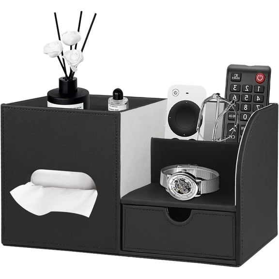 PU leather tissue box cover with drawer and storage tray, serves as remote control and desk organizer for bathroom vanity and coffee table