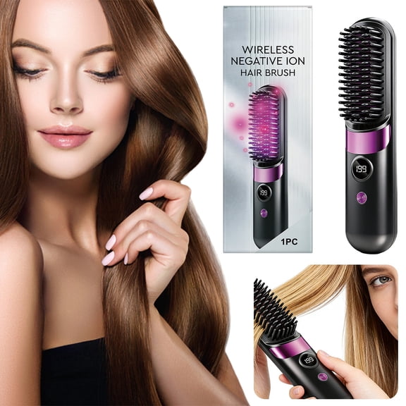 Intelligent Styling Brush for Short Hair - Cordless, USB-C Rechargeable, 3 Temperature Settings, LED Display, Portable, Ceramic Heating, Ideal for Straightening & Curling Makeup Organizers