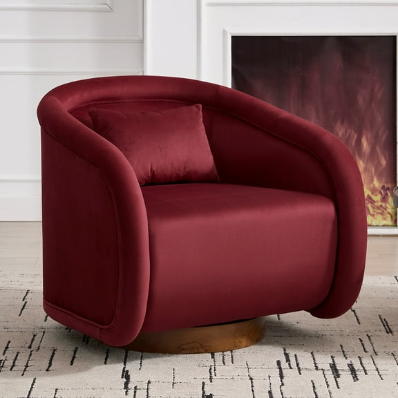 MDQMD Swivel Accent Chair 360° Rotation Plush Velvet Lounge Chair with Pillow & Sturdy Wood Base Modern Accent Chair for Living Room Bedroom Office Wine Red (29.9"Lx30.7"Wx28.3"H)