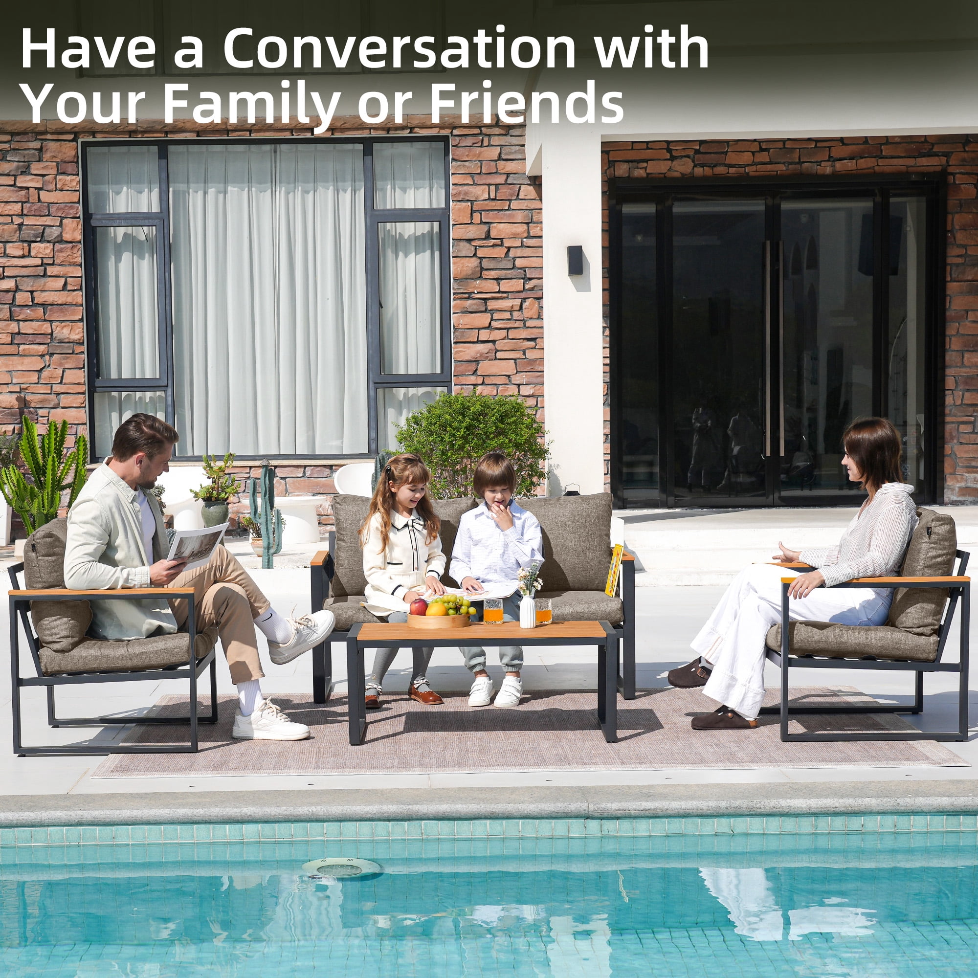 COMLAX FIELD 4-Piece Patio Furniture Set, Metal Outdoor Conversation Set with Coffee Table & Removable Cushions