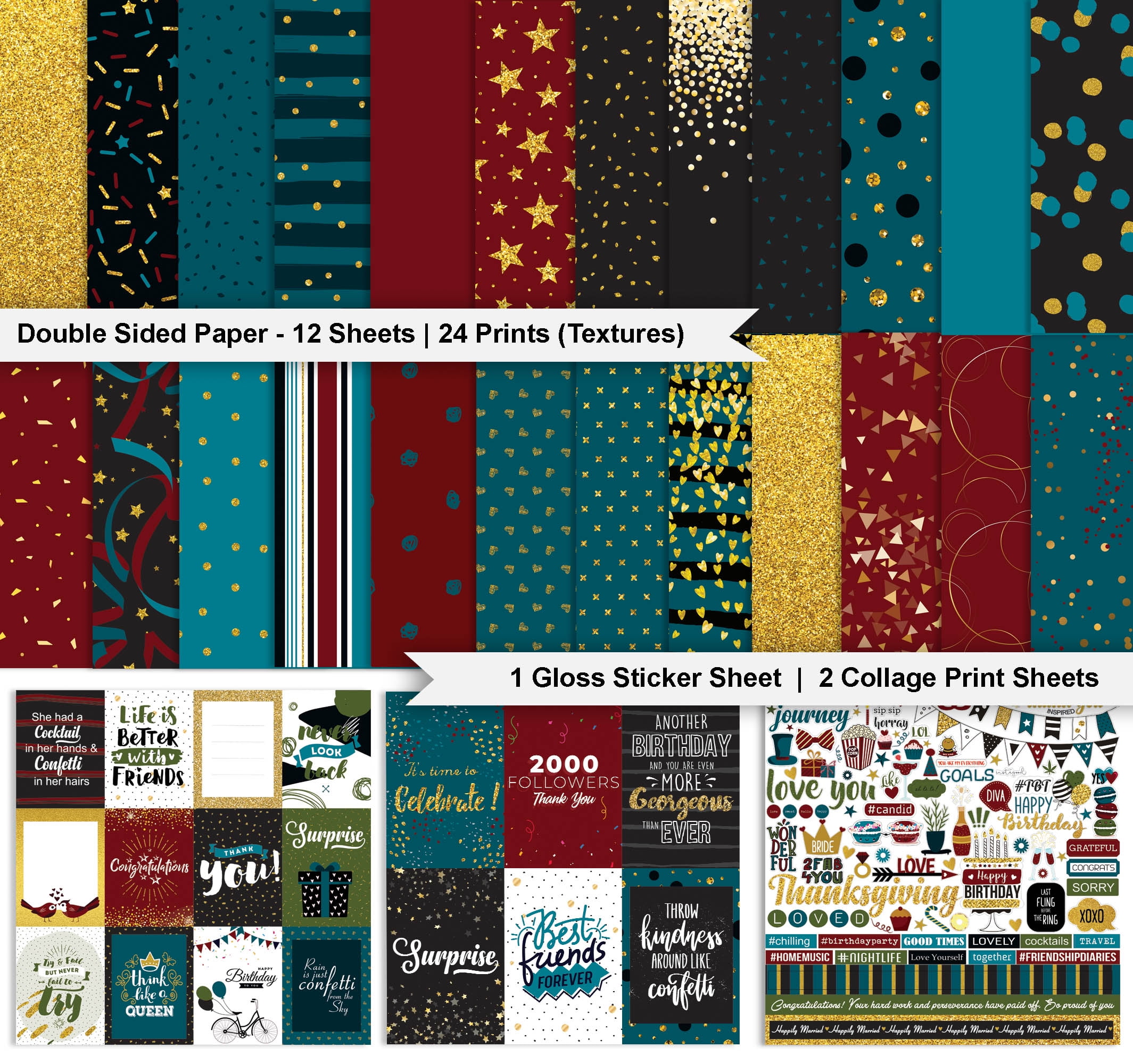 Inkdotpot Party Confetti Theme Collection Double-Sided Scrapbook Paper Kit Cardstock 12"x12" Card Making Paper Pack Of With Sticker Sheet - 16 Pages - Multicolor