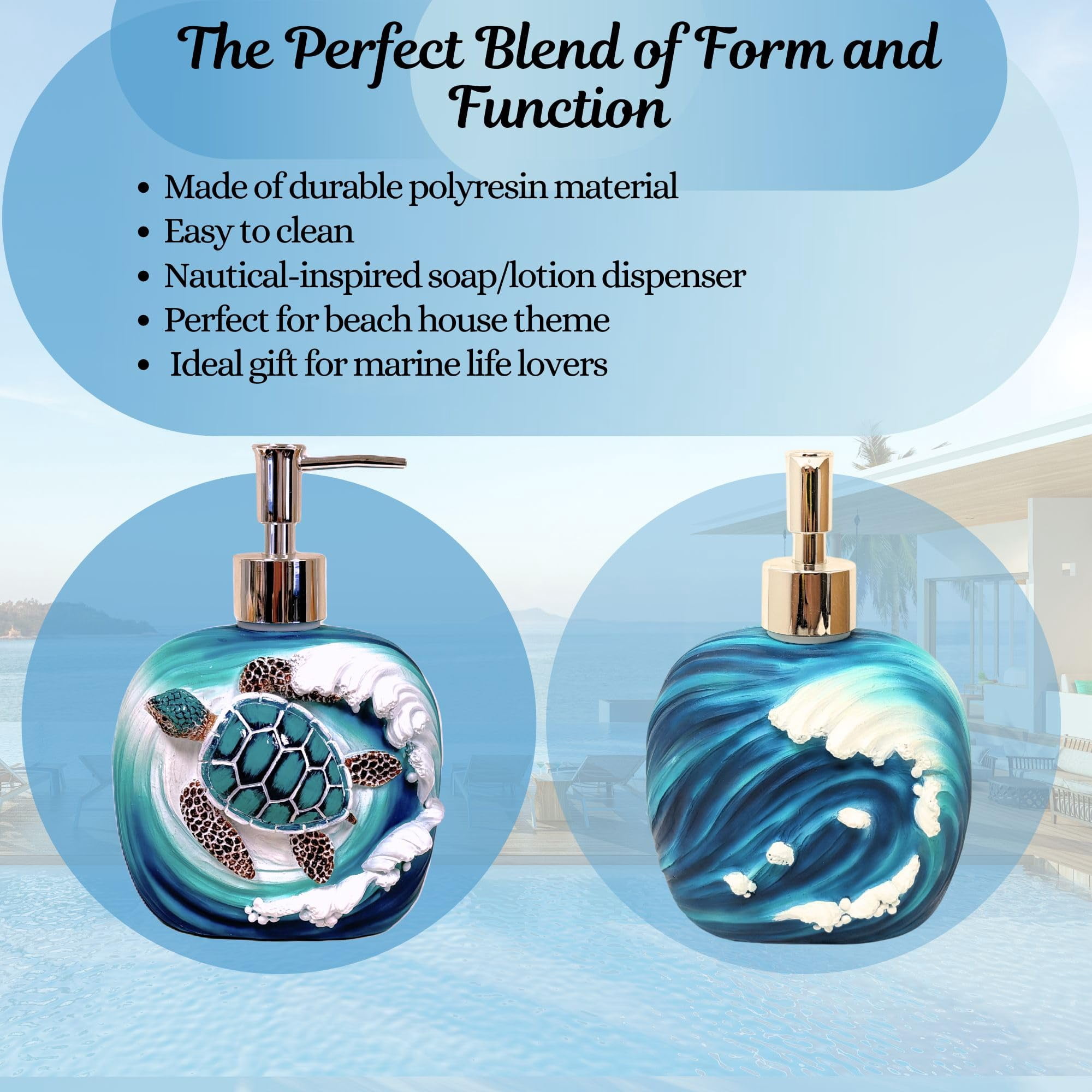 Sea Turtle Wave Decorative Soap Pump Dispenser - Nautical and Ocean - Inspired Refillable Liquid Soap and Lotion Bottle Storage - Ideal for Sea and Marine Life Lovers