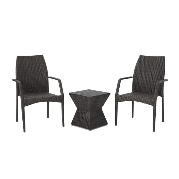 GDF Studio Campbell Outdoor Wicker 3 Piece Stacking Chair Chat Set, Multibrown