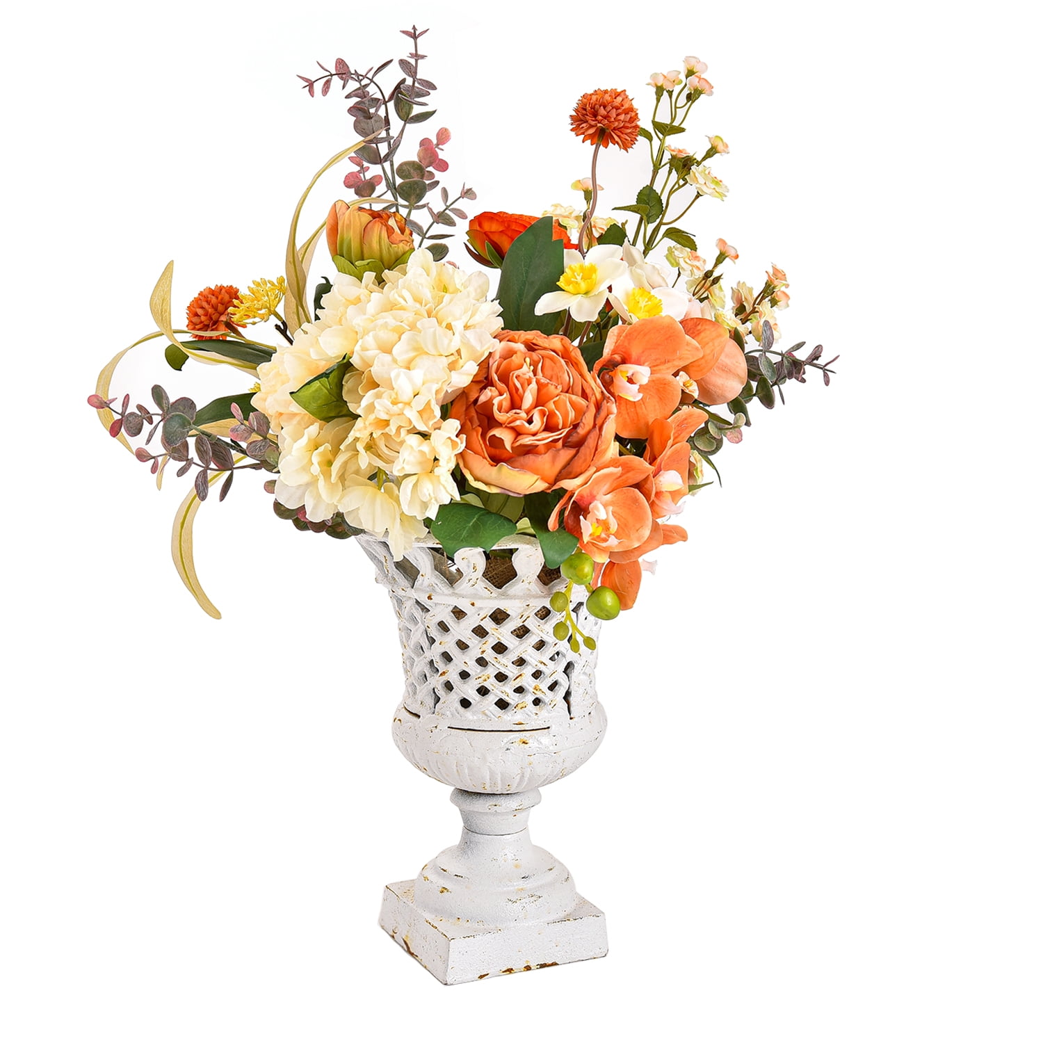 Sungmor Cast Iron Urn Planter, Hollow Trophy Design Tall Orchid Flower Pot, White, 1-Piece