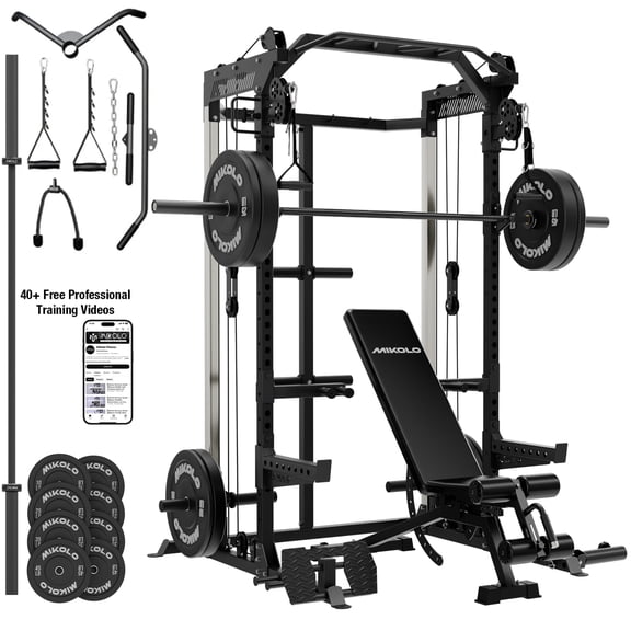 Mikolo Power Cage, Squat Rack With Dual Pulley Cable Crossover System, Multifunction Free Weight Home Gym Workout Machine With Attachments Set(B230B)