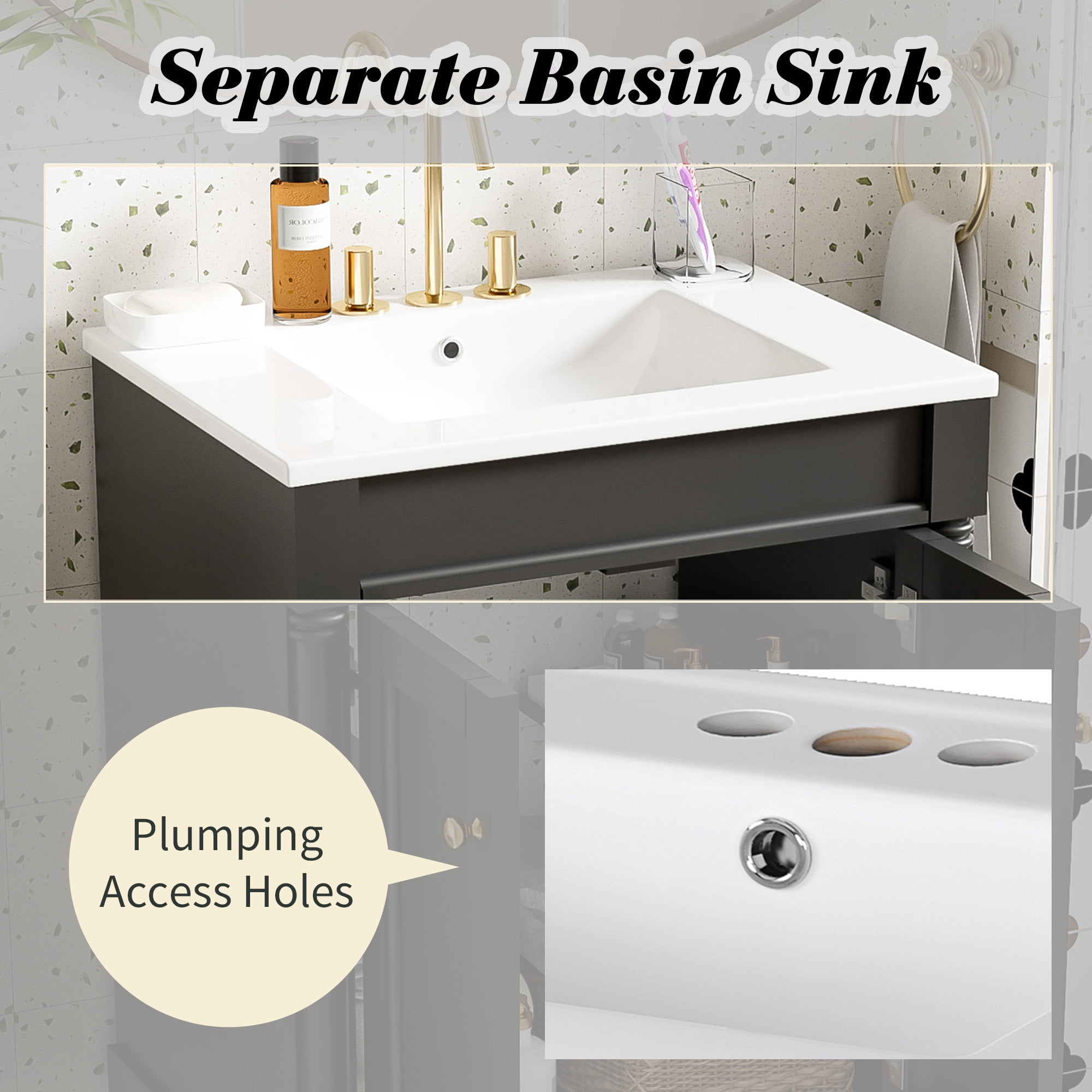Harper & Bright Designs 24" Small Bathroom Vanity with Sink, Bathroom Storage Cabinet with 2-Tier Shelves, Black