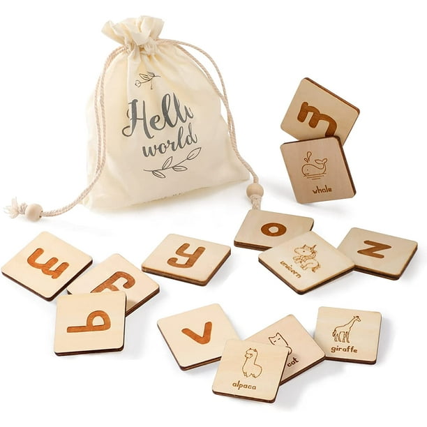26PCS/Set Wooden Alphabet Flash Cards for Toddlers 24, ABC Montessori