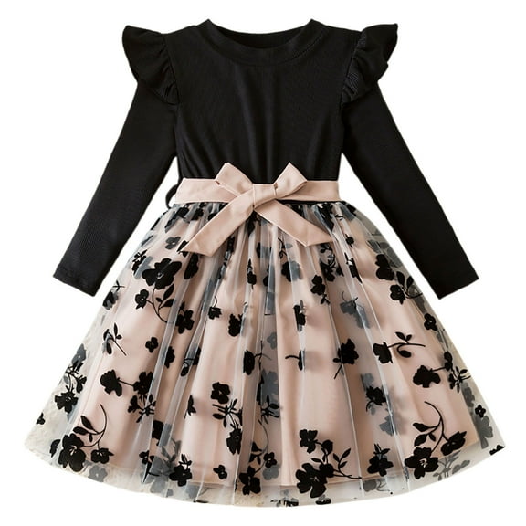 SUYOLL Children Girls Dresses Long Sleeve Floral Print Dress Elegant Chiffon Party Gown Casual Beach Yoga Outfit Casual Sundress