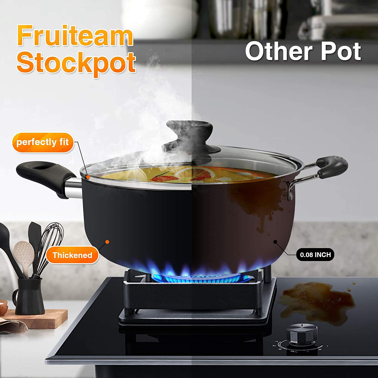 FRUITEAM 10pcs Cookware Set Ceramic Nonstick Soup Pot/Milk Pot/Frying Pans  Set | Copper Aluminum Pan with Lid, Induction Gas Compatible, 1 Year