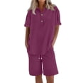 thumbnail image 3 of Womens Summer Outfits Cotton Linen Short Sleeve Button Down Shirt with Bermuda Shorts 2 Piece Lounge Set with Pockets Purple 2XL, 3 of 6
