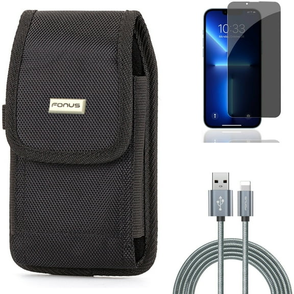 Privacy Screen Protector & Case Belt Clip & 6ft USB Cable for iPhone 13/Pro ONLY - Tempered Glass Curved Anti-Spy   Rugged Holster Canvas   Charger Cord Power Wire Combo
