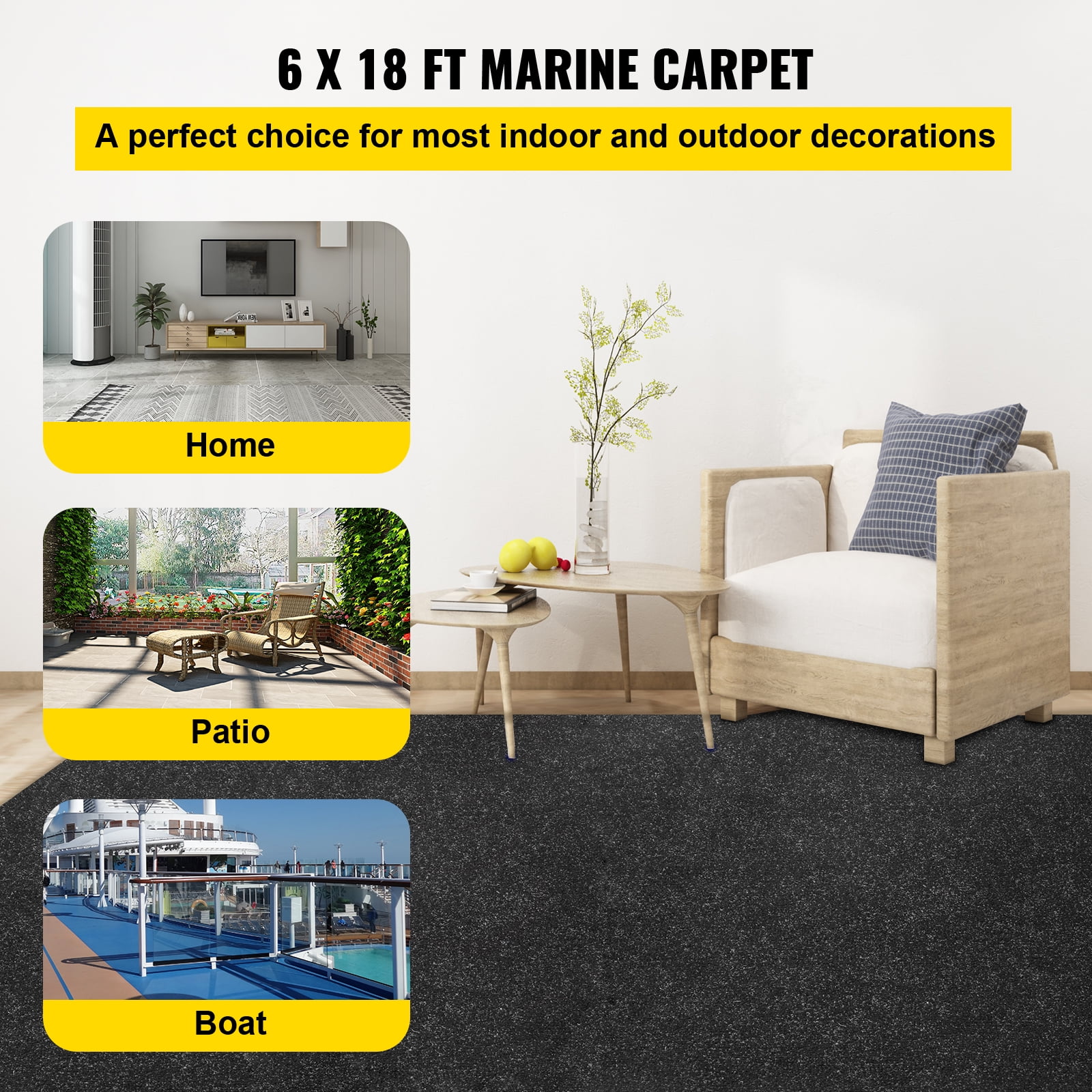 VEVOR Boat Carpet Marine Carpet 6x18' Indoor Outdoor Carpet Rug Anti-Slide Black