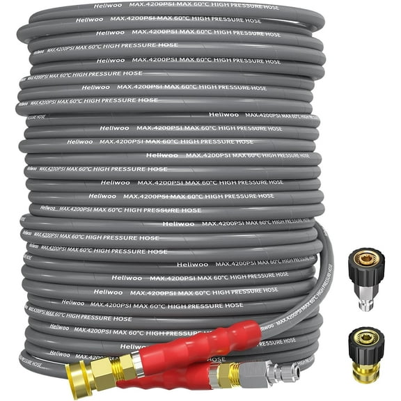 Heliwoo 100FT 4200PSI Pressure Washer Hose with 3/8 Quick Connect, 1/4 Commercial Grade Steel Wire Braided Kink Resistant Power Washer Extension Hose, Flexible Replacement Hose Adapter Set