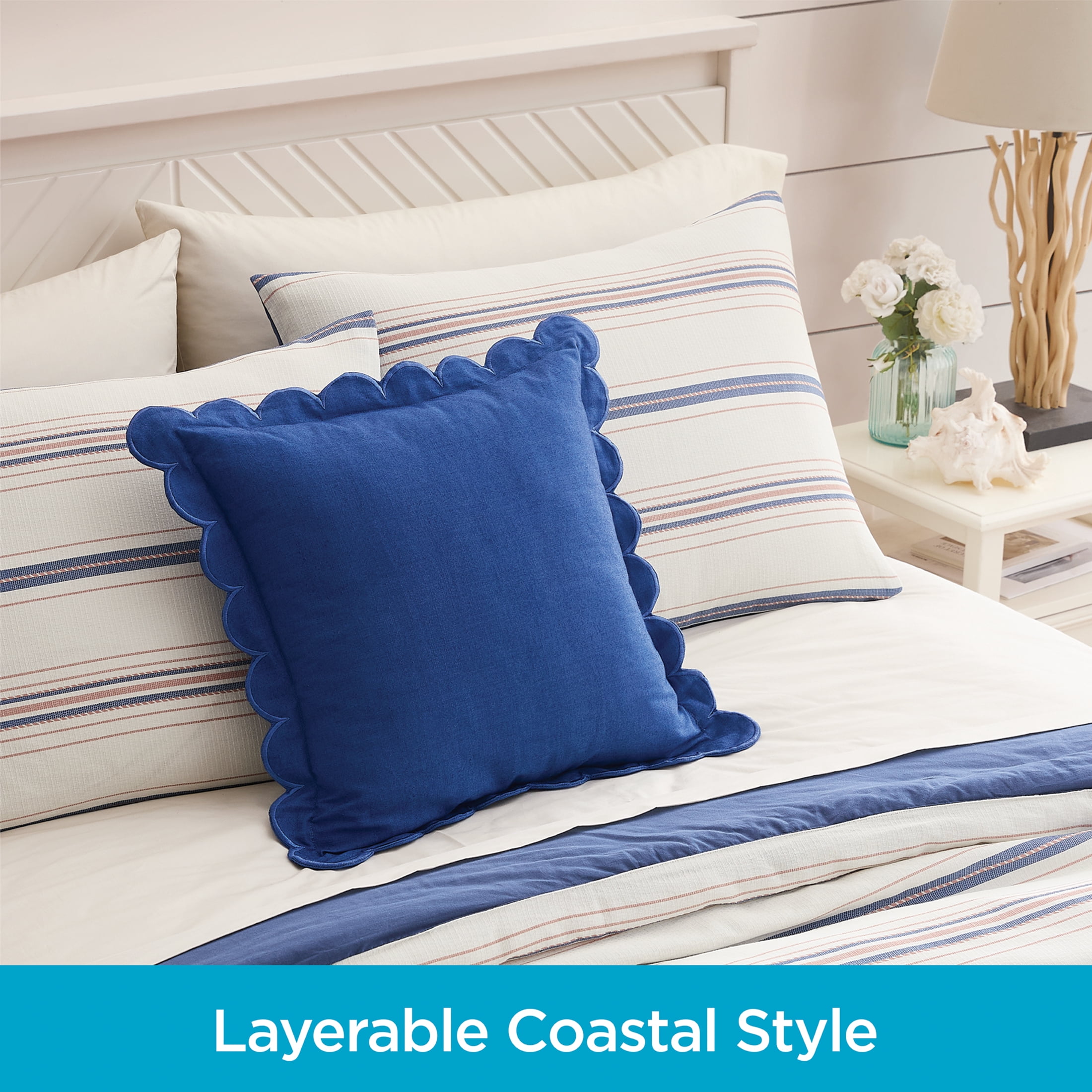Coastal Living 18" x 18" Blue Scallop 100% Cotton Decorative Throw Pillow for Couch or Bed