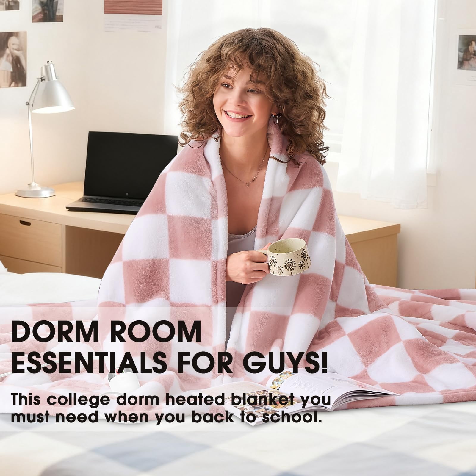 Light Pink Heated Blanket Electric Throw  50x60 Heating With 10 Heat Levels & 8 Hours Auto Off For Lap Checkered Plaid Soft Sherpa Blankets Mothers Day Gifts Mom Grandma Women Couch