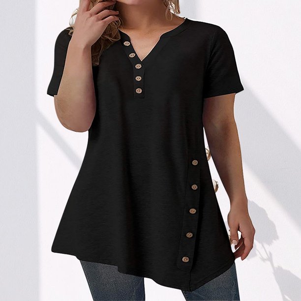 Fiudx Liquidación de Ahorros de Verano Camiseta de Manga Corta con Cuello En V y Botones para Mujer