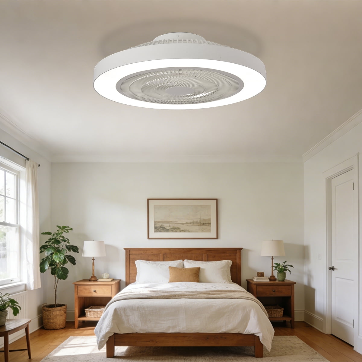 Ceiling Fan with Light, 19 inches LED Remote Control/APP Fully Dimmable Lighting Modes, Invisible Acrylic Blades Enclosed Semi Flush Mount Low Profile Reversible 6 Speed DC Motor Fan, White