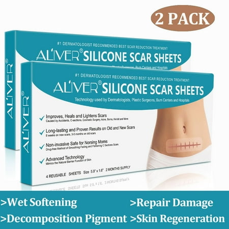 (2 Pack) Aliver Professional Silicone Scar Sheets 4Pcs Reusable Silicone Scar Remover Waterproof Removal Sheets