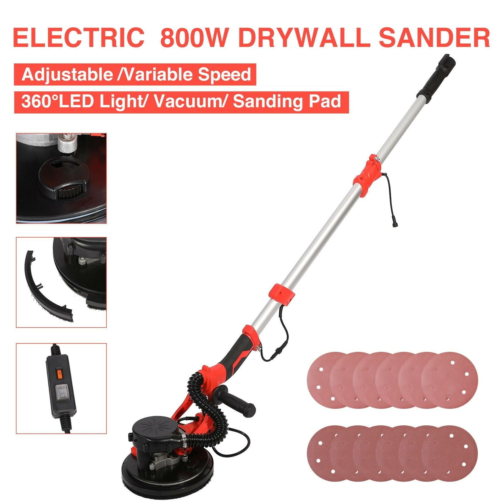 800W Electric Drywall Sander Adjustable Variable Speed w/Sanding Pad LED Light 