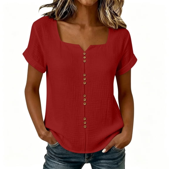 GUACER Womens Square Neck Henley Tops Short Sleeve Button Down Blouses Cotton Linen for Casual Daily Wear